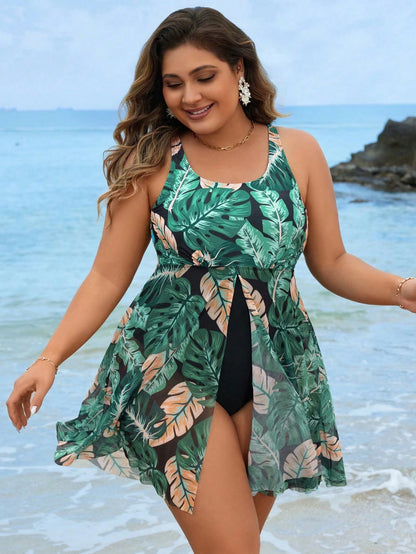 Swim Lushoire Summer Beach Plus Size Women's Tropical Print One-Piece Swimsuit 1pc Set
