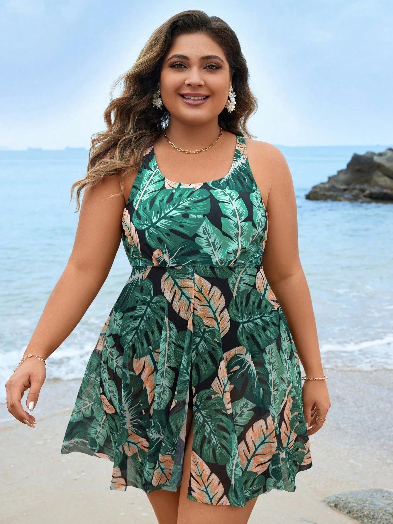 Swim Lushoire Summer Beach Plus Size Women's Tropical Print One-Piece Swimsuit 1pc Set