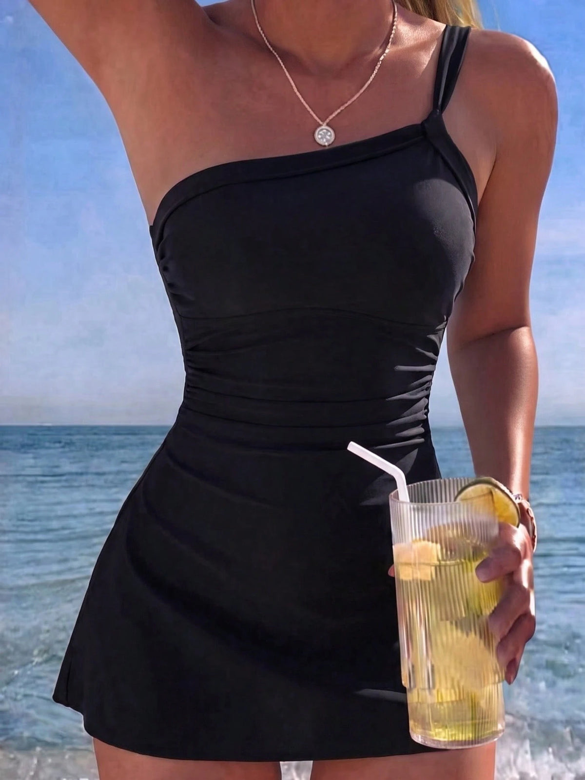 Swim Lushoire Women's Black Modest Swimwear Set,2 Pieces Summer Beach Holiday Dress With Adjustable Shoulder Strap,Twist Front Ruched Waist A-Line,Padding,Holiday