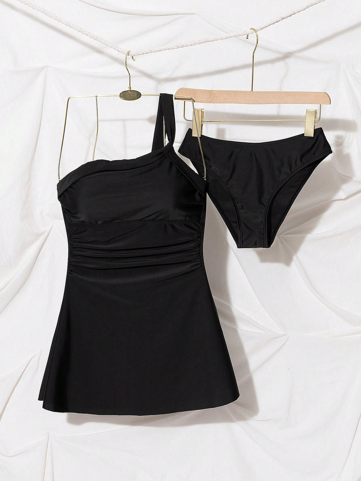 Swim Lushoire Women's Black Modest Swimwear Set,2 Pieces Summer Beach Holiday Dress With Adjustable Shoulder Strap,Twist Front Ruched Waist A-Line,Padding,Holiday