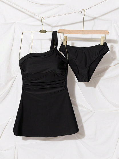 Swim Lushoire Women's Black Modest Swimwear Set,2 Pieces Summer Beach Holiday Dress With Adjustable Shoulder Strap,Twist Front Ruched Waist A-Line,Padding,Holiday