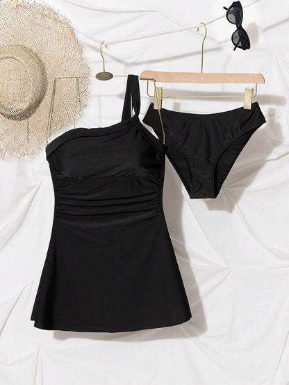 Swim Lushoire Women's Black Modest Swimwear Set,2 Pieces Summer Beach Holiday Dress With Adjustable Shoulder Strap,Twist Front Ruched Waist A-Line,Padding,Holiday