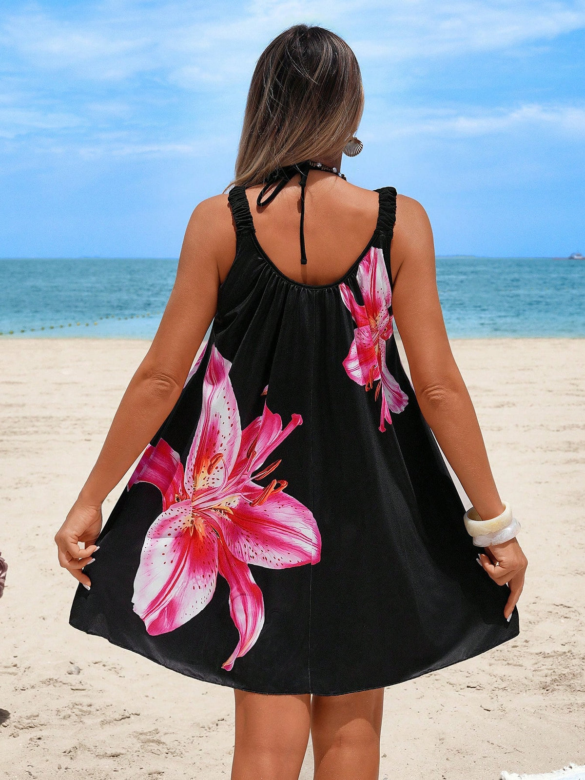 Swim Lushoire Women's Floral Print Camisole Swimsuit Dress, Suitable For Summer Beach, Valentine's Day, Women's Casual Holiday Travel Coverup
