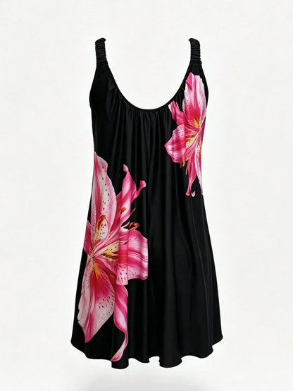 Swim Lushoire Women's Floral Print Camisole Swimsuit Dress, Suitable For Summer Beach, Valentine's Day, Women's Casual Holiday Travel Coverup