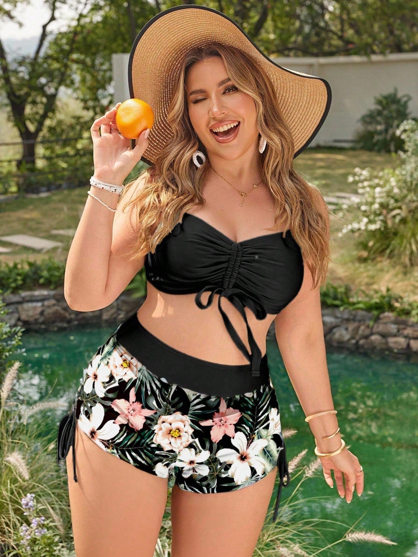 Swim Lushoire Women's Plus Size Bikini Set,Tropical Leaf Color Block Black Swimwear,High Waisted Bathing Suit,Drawstring Two Pieces,Summer Beach Vacation Holiday