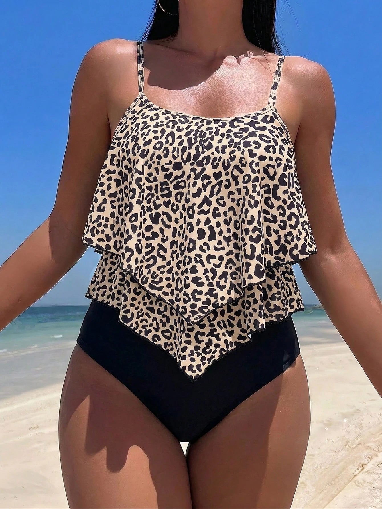 Swim Lushoire Women's Summer Beach Leopard Print Ruffle Tankini Set With Random Print
