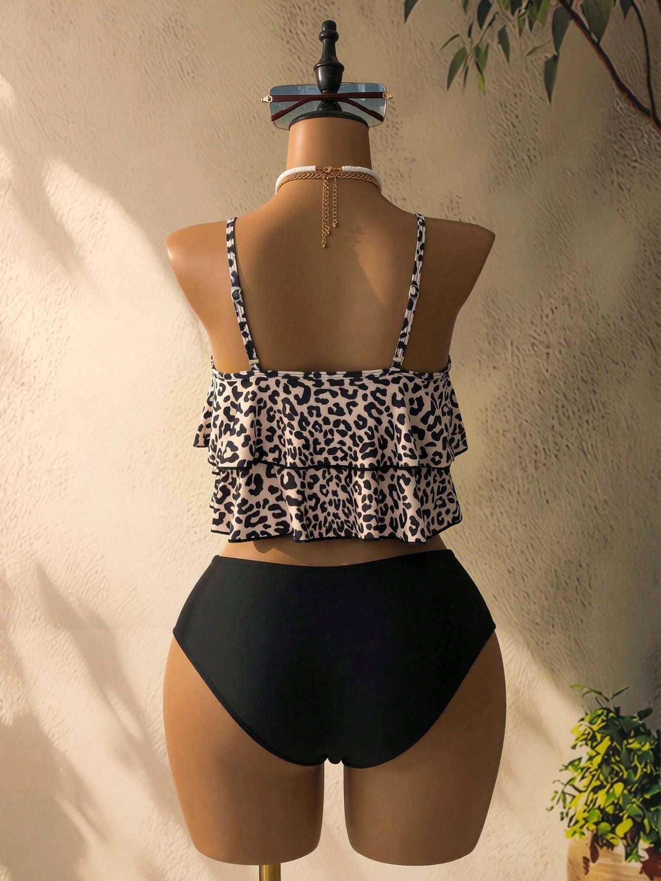 Swim Lushoire Women's Summer Beach Leopard Print Ruffle Tankini Set With Random Print
