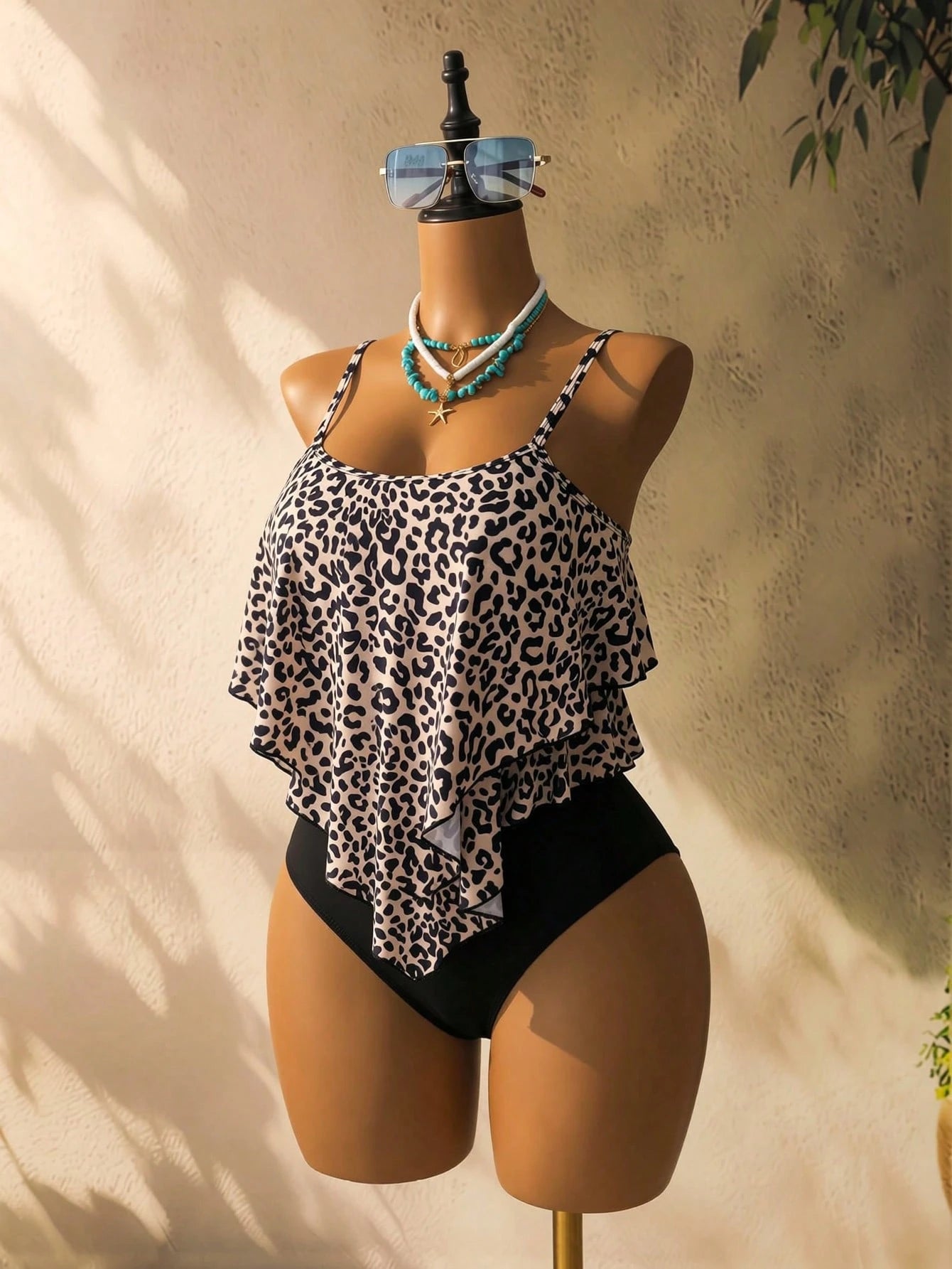Swim Lushoire Women's Summer Beach Leopard Print Ruffle Tankini Set With Random Print