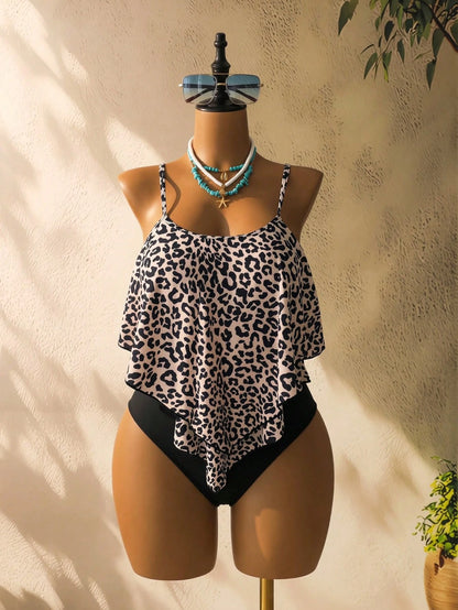 Swim Lushoire Women's Summer Beach Leopard Print Ruffle Tankini Set With Random Print