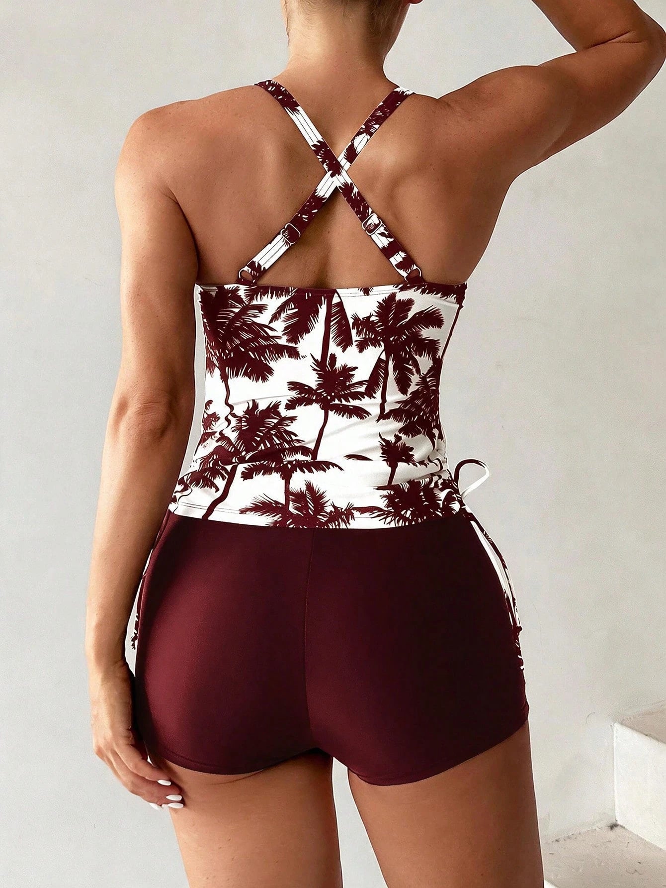 Swim Lushoire Women's Summer Beach Vacation Palm Tree Print Halter Tankini Set