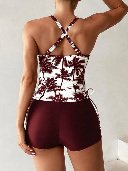 Swim Lushoire Women's Summer Beach Vacation Palm Tree Print Halter Tankini Set