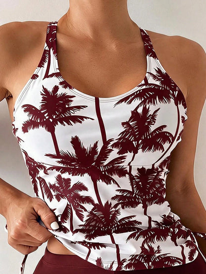 Swim Lushoire Women's Summer Beach Vacation Palm Tree Print Halter Tankini Set