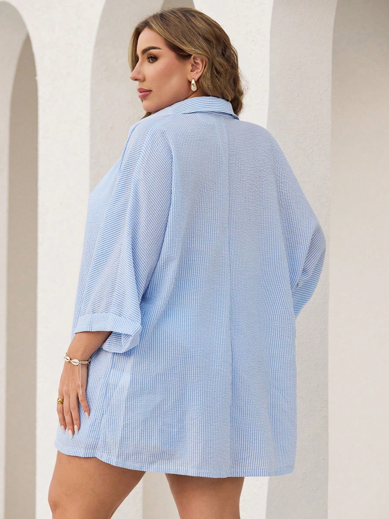 Swim Lushoire Women's Two-Piece Suit Blue And White Striped Three-Quarter Sleeve Cover Up Shirt & Shorts Summer Beach Leisure Plus Size Cover Up Vacation