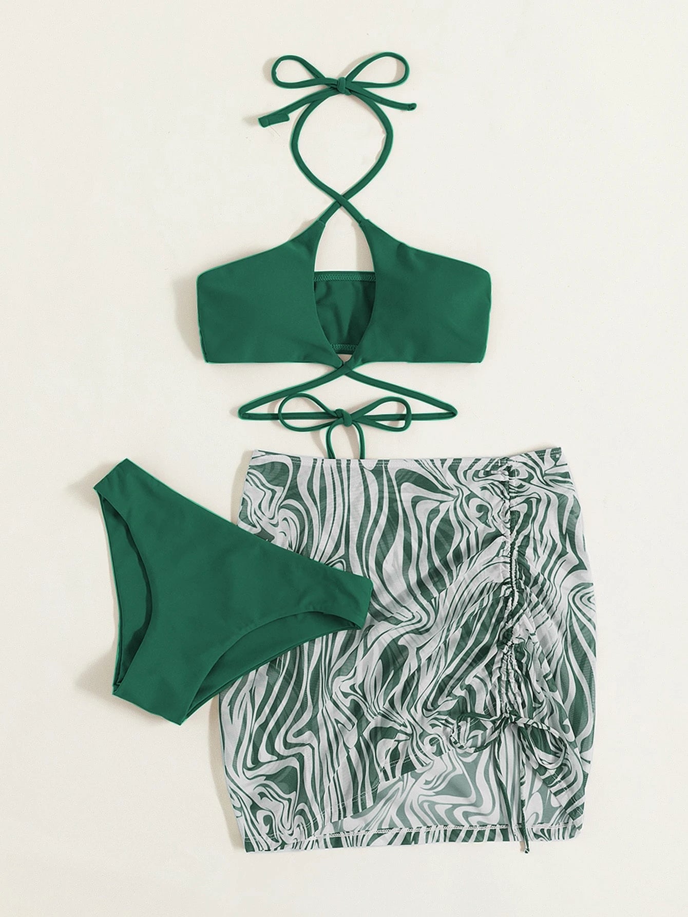 Swim Marble Print Bikini Set Crisscross Wireless Bra Top & Bikini Bottom & Drawstring Skirt 3 Pieces Bikini,Summer Beach