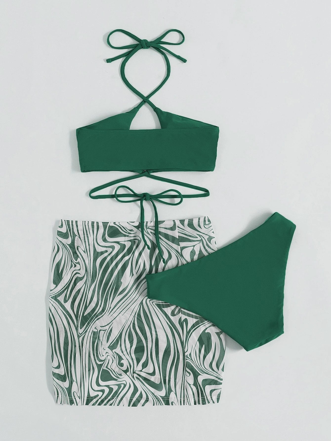 Swim Marble Print Bikini Set Crisscross Wireless Bra Top & Bikini Bottom & Drawstring Skirt 3 Pieces Bikini,Summer Beach