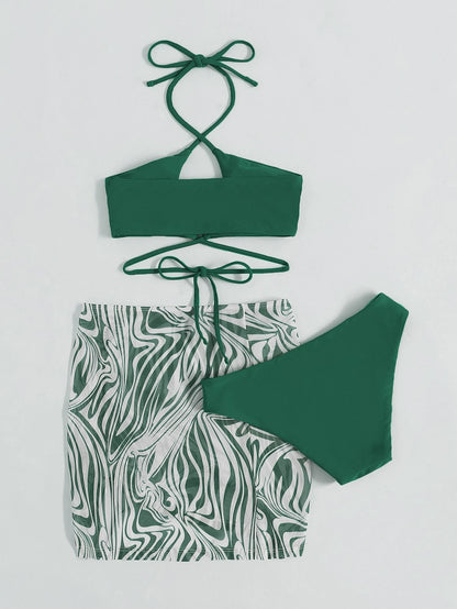 Swim Marble Print Bikini Set Crisscross Wireless Bra Top & Bikini Bottom & Drawstring Skirt 3 Pieces Bikini,Summer Beach