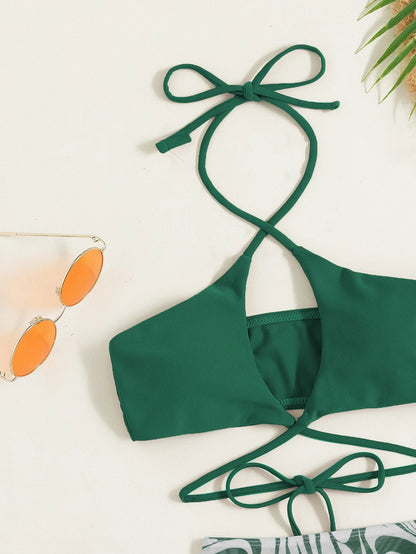 Swim Marble Print Bikini Set Crisscross Wireless Bra Top & Bikini Bottom & Drawstring Skirt 3 Pieces Bikini,Summer Beach