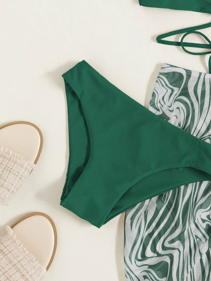 Swim Marble Print Bikini Set Crisscross Wireless Bra Top & Bikini Bottom & Drawstring Skirt 3 Pieces Bikini,Summer Beach
