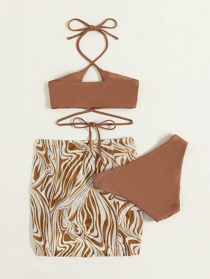 Swim Marble Print Bikini Set Crisscross Wireless Bra Top & Bikini Bottom & Drawstring Skirt 3 Pieces Bikini,Summer Beach