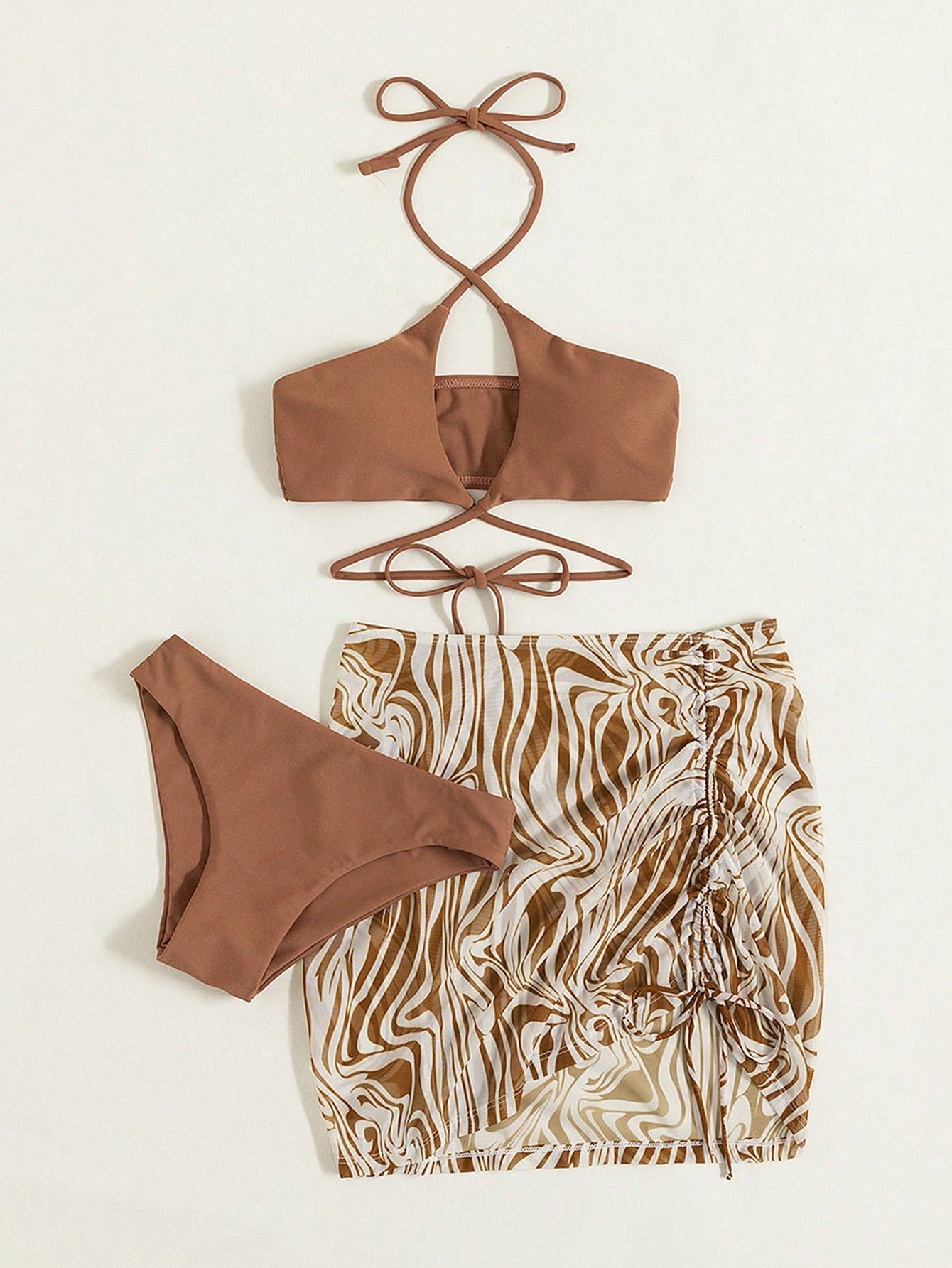 Swim Marble Print Bikini Set Crisscross Wireless Bra Top & Bikini Bottom & Drawstring Skirt 3 Pieces Bikini,Summer Beach
