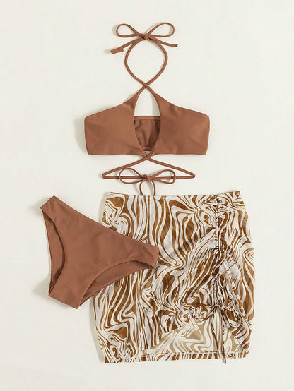Swim Marble Print Bikini Set Crisscross Wireless Bra Top & Bikini Bottom & Drawstring Skirt 3 Pieces Bikini,Summer Beach