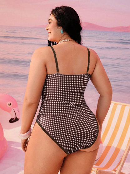 Swim Mod 2026 New Plus Size Women 2-Piece Geometric Print Bikini Swimwear,Summer Elwgant Beach Holiday Modest Bow Adjustable Strap High Waist High Leg Opening