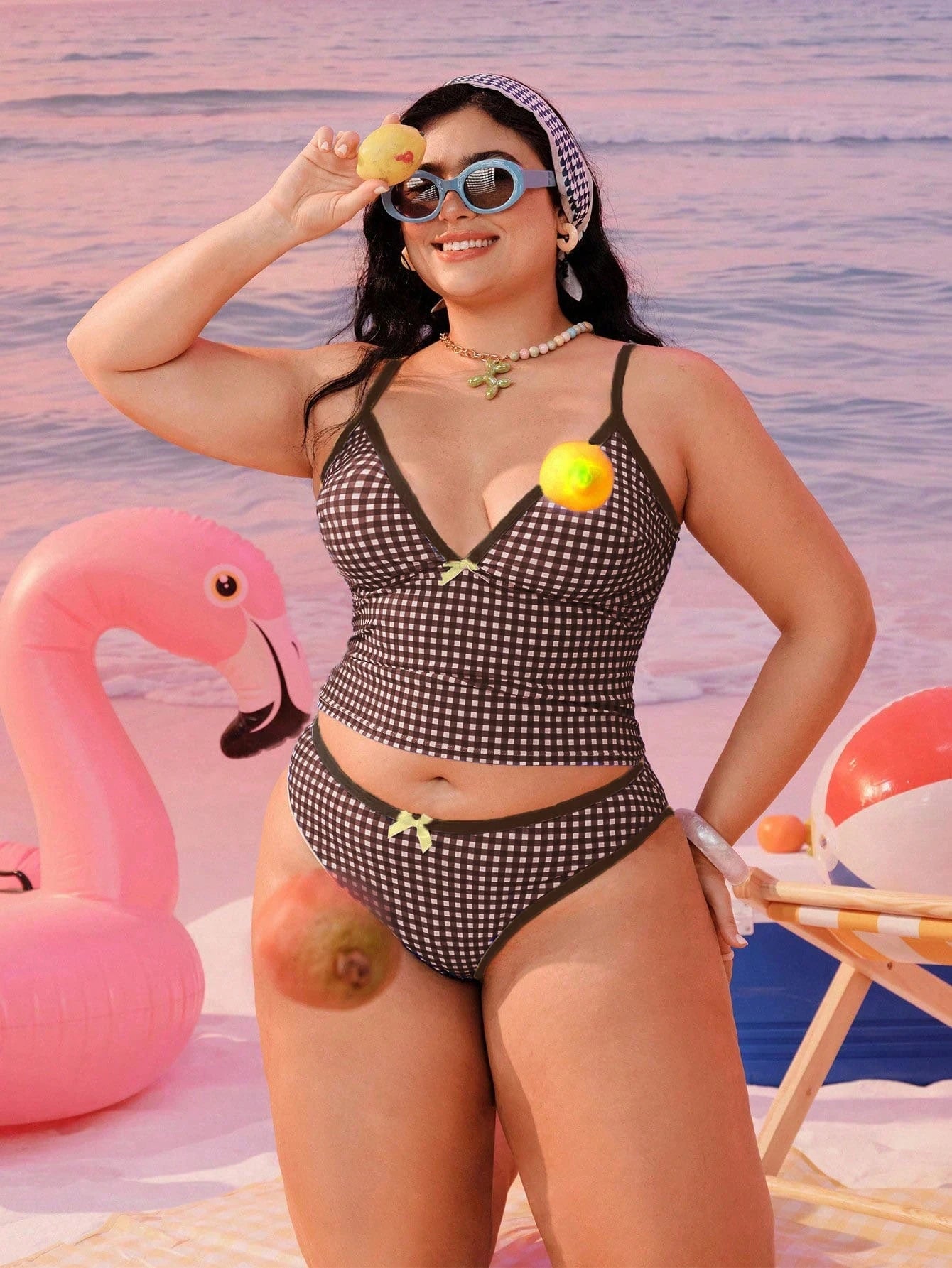 Swim Mod 2026 New Plus Size Women 2-Piece Geometric Print Bikini Swimwear,Summer Elwgant Beach Holiday Modest Bow Adjustable Strap High Waist High Leg Opening