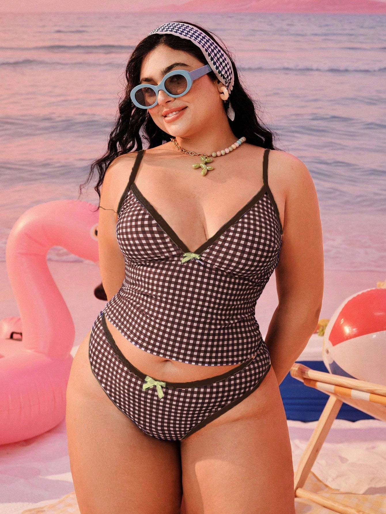 Swim Mod 2026 New Plus Size Women 2-Piece Geometric Print Bikini Swimwear,Summer Elwgant Beach Holiday Modest Bow Adjustable Strap High Waist High Leg Opening
