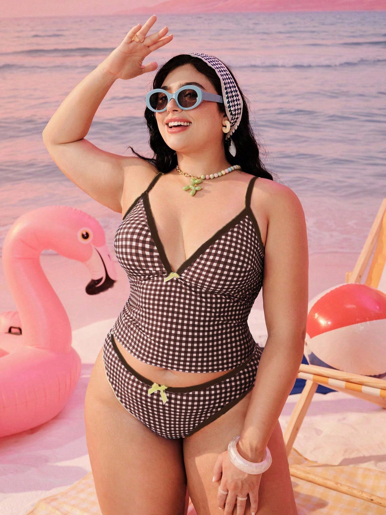 Swim Mod 2026 New Plus Size Women 2-Piece Geometric Print Bikini Swimwear,Summer Elwgant Beach Holiday Modest Bow Adjustable Strap High Waist High Leg Opening