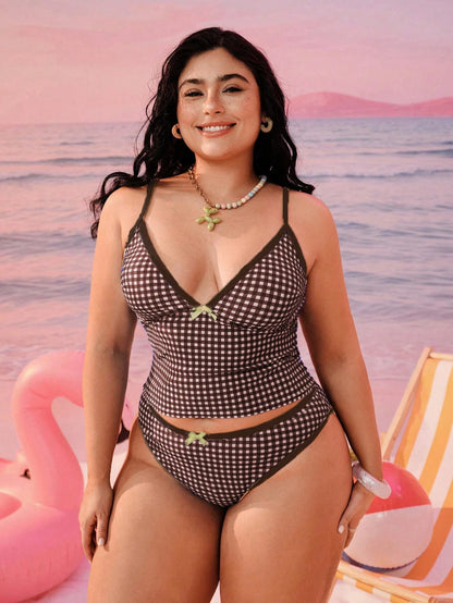 Swim Mod 2026 New Plus Size Women 2-Piece Geometric Print Bikini Swimwear,Summer Elwgant Beach Holiday Modest Bow Adjustable Strap High Waist High Leg Opening