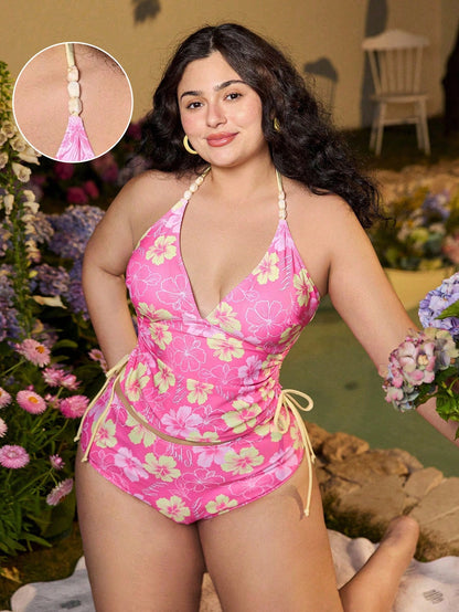 Swim Mod 2026 New Summer Plus Size Women 2 Piece Random Print Elegant Drawstring Casual One-Piece Swimwear