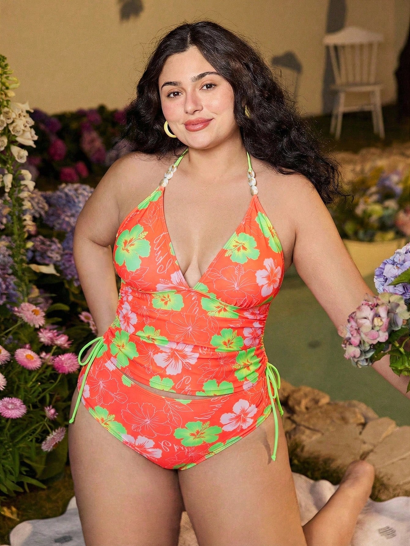 Swim Mod 2026 New Summer Plus Size Women 2 Piece Random Print Elegant Drawstring Casual One-Piece Swimwear