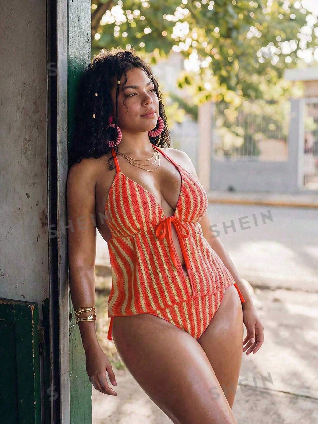 Swim Mod 2pcs Plus Size Women Textured Halter Neck Front Tie Triangle Bikini Swimwear Vacation Orange Summer Vacation Gym Beach Sexy