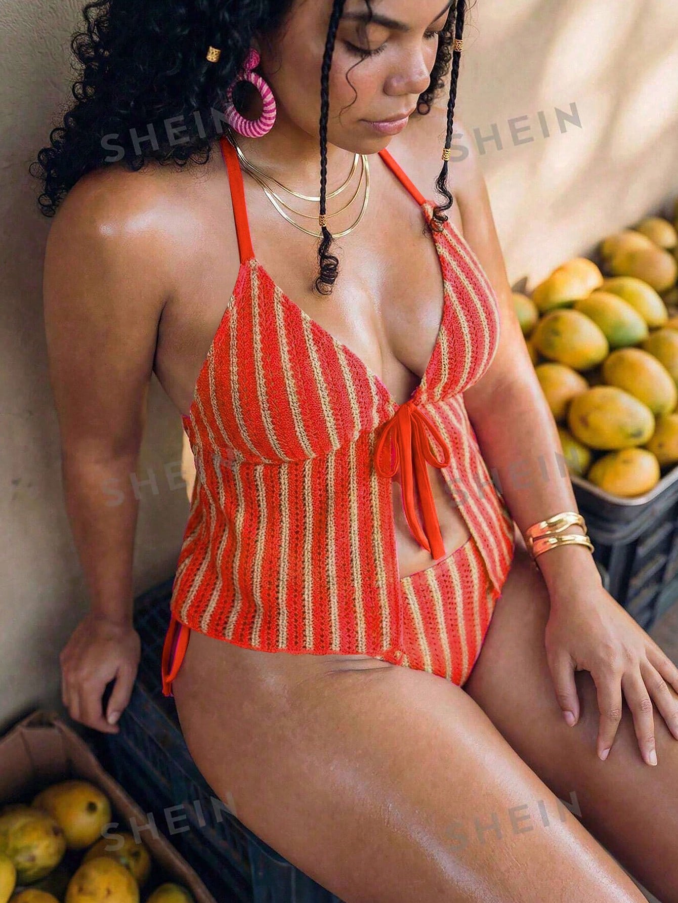 Swim Mod 2pcs Plus Size Women Textured Halter Neck Front Tie Triangle Bikini Swimwear Vacation Orange Summer Vacation Gym Beach Sexy