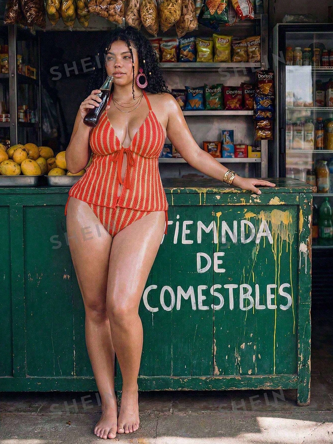 Swim Mod 2pcs Plus Size Women Textured Halter Neck Front Tie Triangle Bikini Swimwear Vacation Orange Summer Vacation Gym Beach Sexy