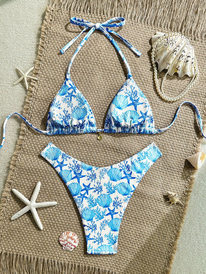 Swim Mod 2pcs/Set Blue And White Ribbed Texture Gold Shell Decor Halter Bra Triangle Bikini Top And High Cut Swimsuit,Summer Casual Holiday Pool Party Vacation