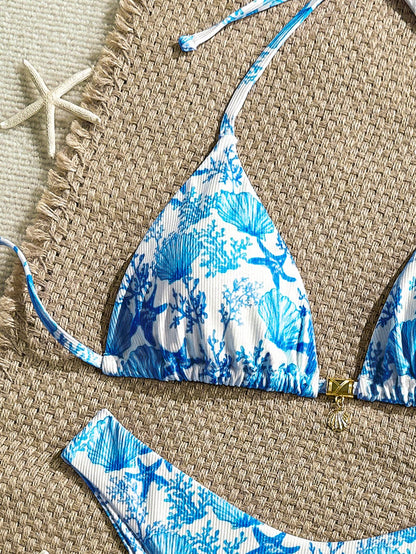 Swim Mod 2pcs/Set Blue And White Ribbed Texture Gold Shell Decor Halter Bra Triangle Bikini Top And High Cut Swimsuit,Summer Casual Holiday Pool Party Vacation