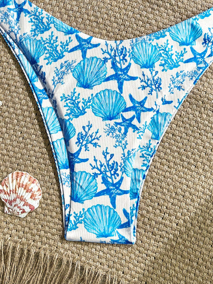 Swim Mod 2pcs/Set Blue And White Ribbed Texture Gold Shell Decor Halter Bra Triangle Bikini Top And High Cut Swimsuit,Summer Casual Holiday Pool Party Vacation