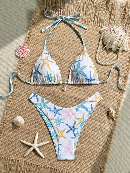 Swim Mod 2pcs/Set Blue And White Ribbed Texture Gold Shell Decor Halter Bra Triangle Bikini Top And High Cut Swimsuit,Summer Casual Holiday Pool Party Vacation