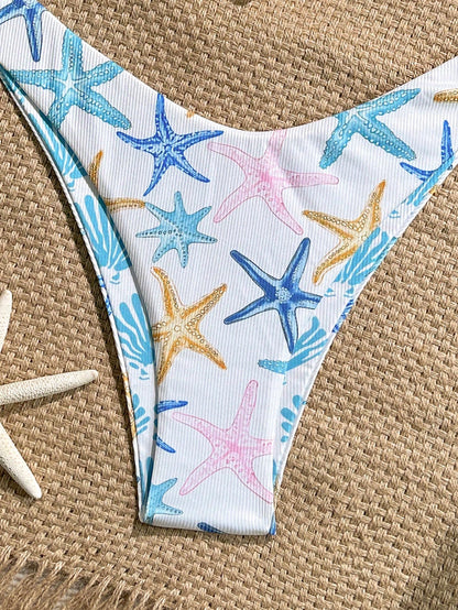 Swim Mod 2pcs/Set Blue And White Ribbed Texture Gold Shell Decor Halter Bra Triangle Bikini Top And High Cut Swimsuit,Summer Casual Holiday Pool Party Vacation
