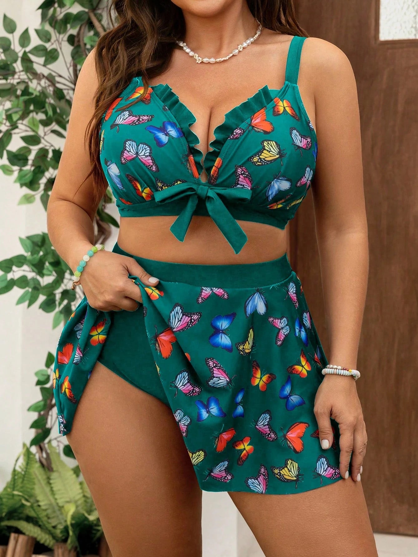 Swim Mod 2pcs/Set Plus Size Women Butterfly Print Flounce Hem Tankini Swimwear Set, Casual Vacation Daily Wear For Summer