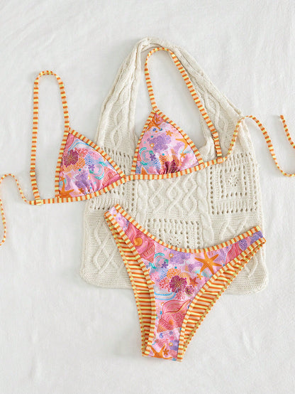 Swim Mod 2pcs Women's Bikini Set,Pink Orange,Summer,Casual,Beach,Holiday,Vacation,Holiday,Shell & Starfish Print,Triangle Cup,Adjustable Tie,Reversible Design