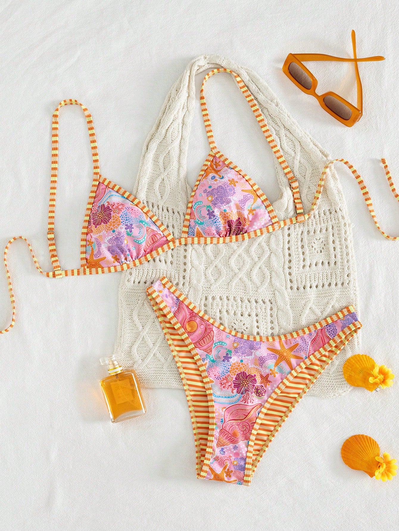 Swim Mod 2pcs Women's Bikini Set,Pink Orange,Summer,Casual,Beach,Holiday,Vacation,Holiday,Shell & Starfish Print,Triangle Cup,Adjustable Tie,Reversible Design