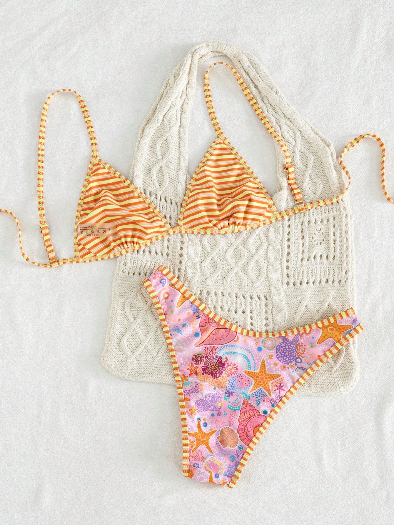 Swim Mod 2pcs Women's Bikini Set,Pink Orange,Summer,Casual,Beach,Holiday,Vacation,Holiday,Shell & Starfish Print,Triangle Cup,Adjustable Tie,Reversible Design