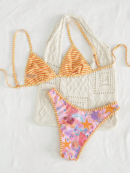 Swim Mod 2pcs Women's Bikini Set,Pink Orange,Summer,Casual,Beach,Holiday,Vacation,Holiday,Shell & Starfish Print,Triangle Cup,Adjustable Tie,Reversible Design