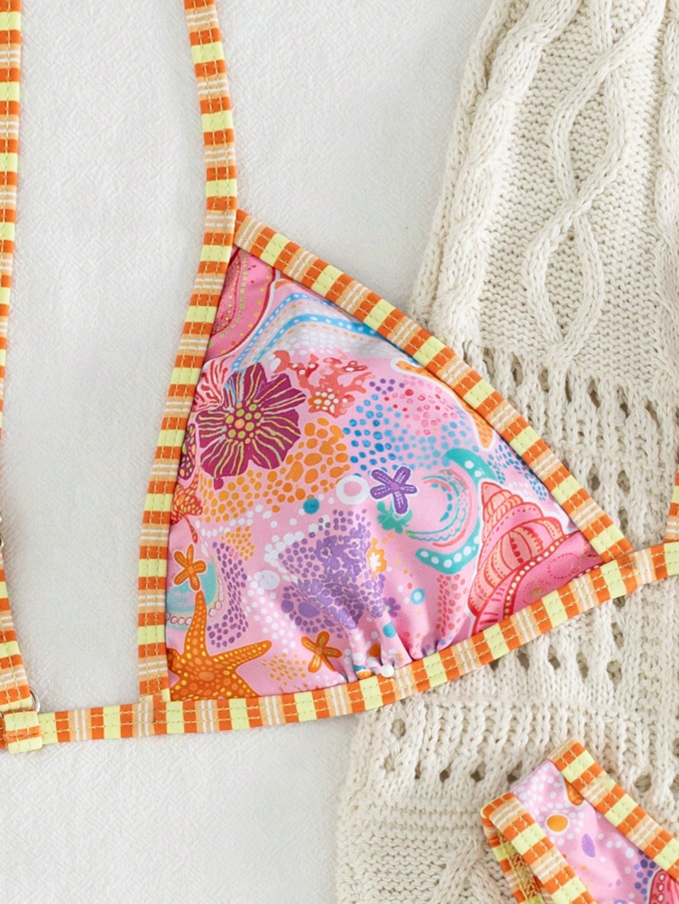Swim Mod 2pcs Women's Bikini Set,Pink Orange,Summer,Casual,Beach,Holiday,Vacation,Holiday,Shell & Starfish Print,Triangle Cup,Adjustable Tie,Reversible Design