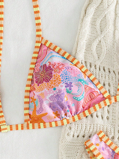 Swim Mod 2pcs Women's Bikini Set,Pink Orange,Summer,Casual,Beach,Holiday,Vacation,Holiday,Shell & Starfish Print,Triangle Cup,Adjustable Tie,Reversible Design
