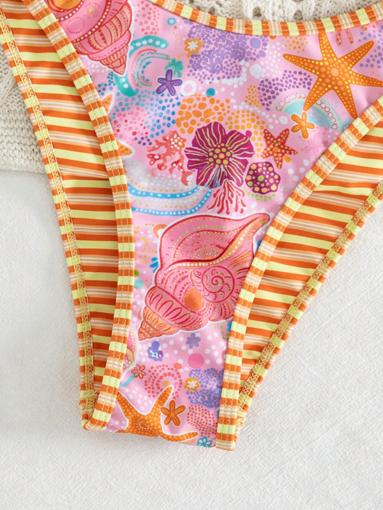 Swim Mod 2pcs Women's Bikini Set,Pink Orange,Summer,Casual,Beach,Holiday,Vacation,Holiday,Shell & Starfish Print,Triangle Cup,Adjustable Tie,Reversible Design