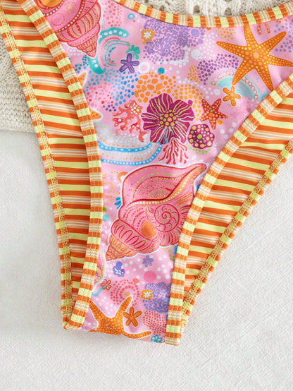 Swim Mod 2pcs Women's Bikini Set,Pink Orange,Summer,Casual,Beach,Holiday,Vacation,Holiday,Shell & Starfish Print,Triangle Cup,Adjustable Tie,Reversible Design