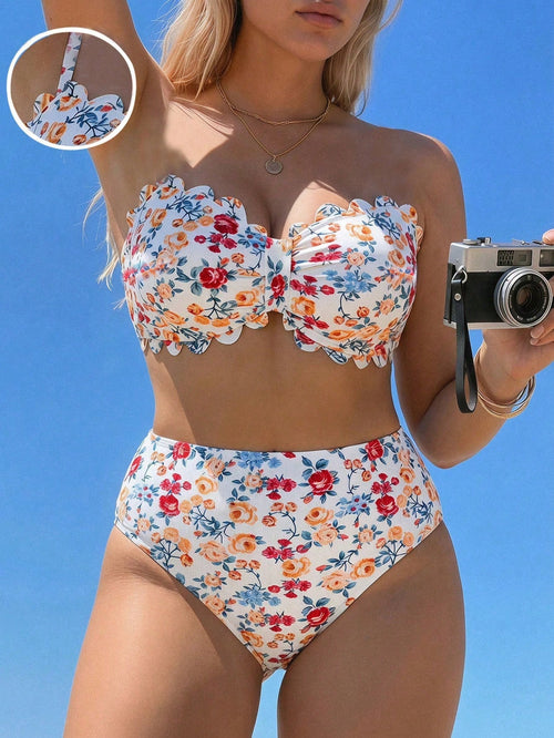 Swim Mod Floral Digital Print Bikini Set,White Summer Bachelorette Party Beach Holiday,Removable Padded Bra,Adjustable Strap,Ruffle High Waist Bottom